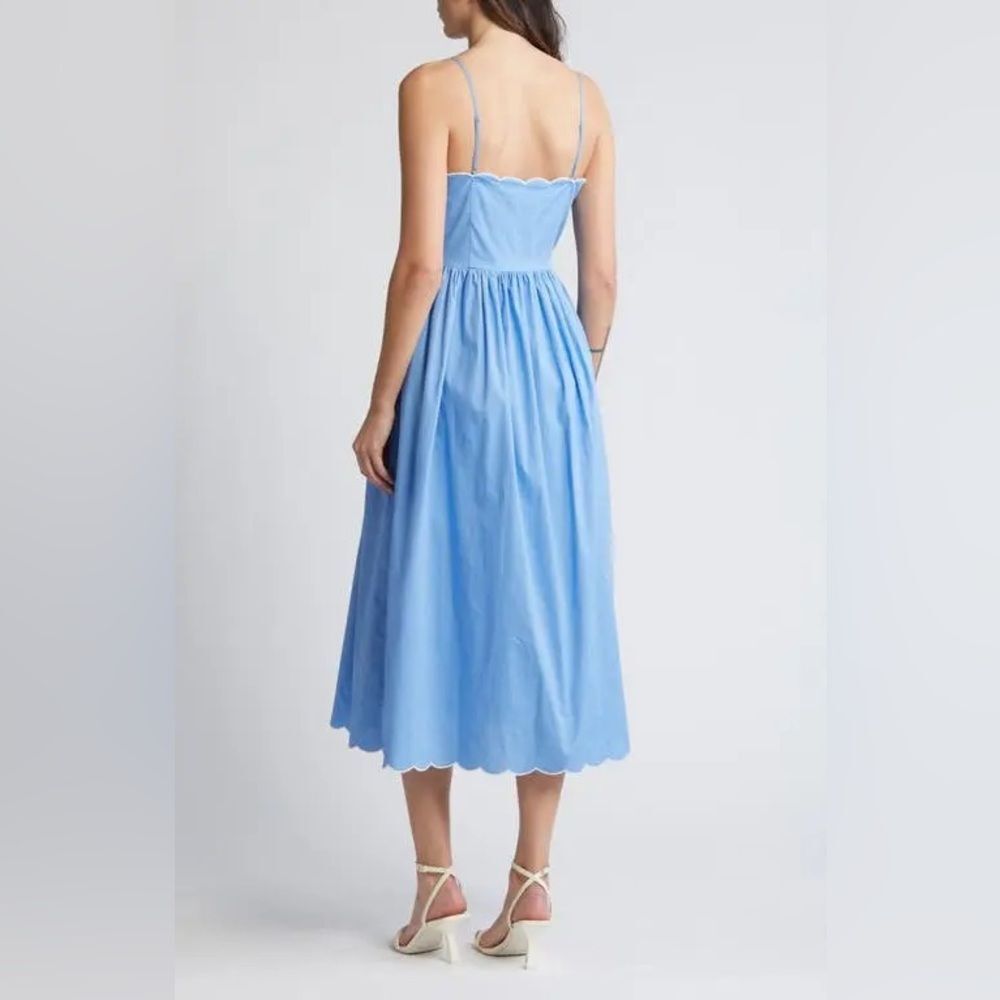 Charles Henry Blue Scallop Trim Poplin Midi Sundress Pockets Fit Flare L NWT - Picture 2 of 14
